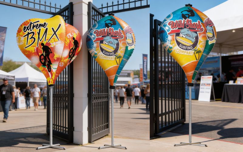 Unique kite-shaped and geometric advertising flags used to create a dynamic visual impact at an outdoor action sports festival.