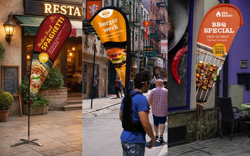 Mobile advertising solution featuring wearable backpack flags and small portable teardrop banners for event street teams.