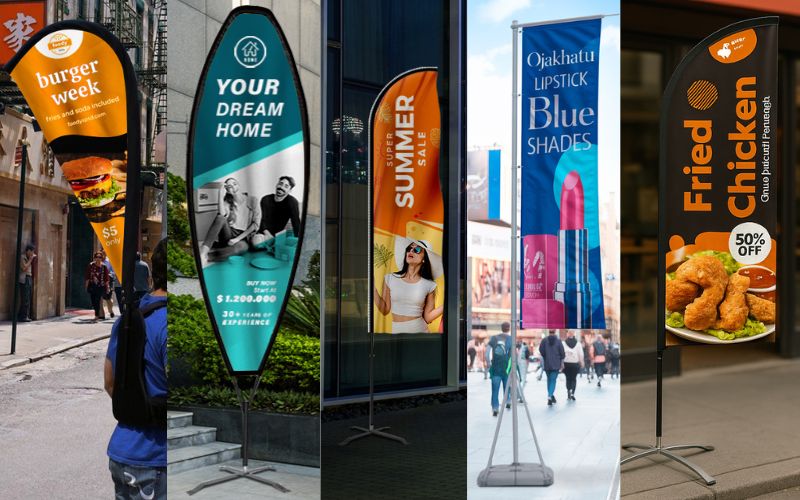 Variety of high-impact custom feather, blade, contour, and banner flags for outdoor advertising