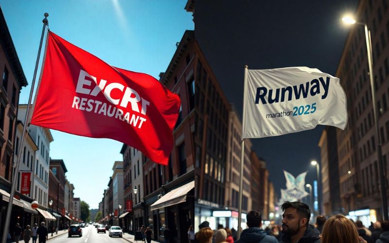 Custom national and personalized flags flying on city streets for business brand awareness