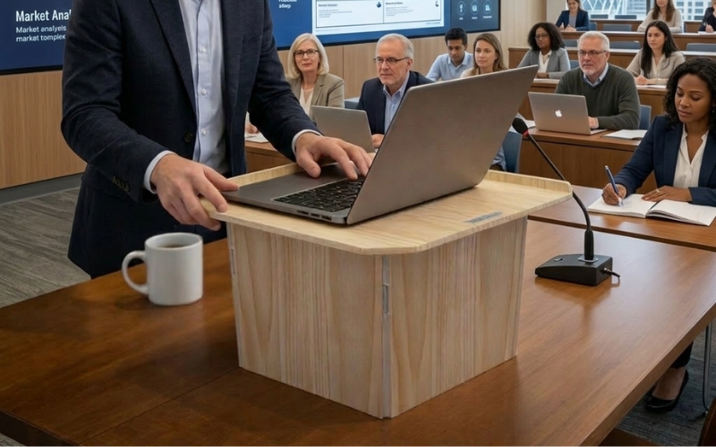 Folding lectern used during a boardroom meeting presentation – portable Go-Anywhere Lectern for business and corporate use