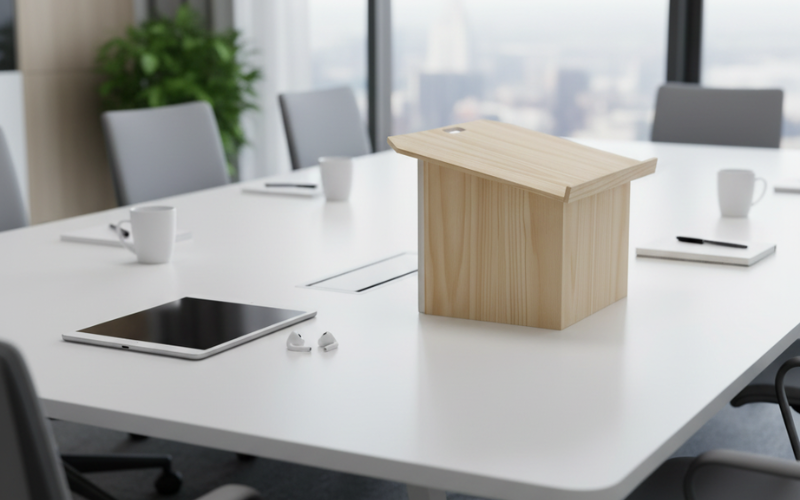 Compact folding lectern on a modern office desk – sleek and portable Go-Anywhere Lectern design by Above All Advertising