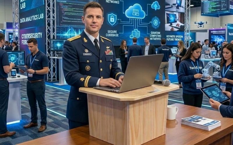 Folding lectern used at a government and military tradeshow presentation – portable Go-Anywhere Lectern for professional events