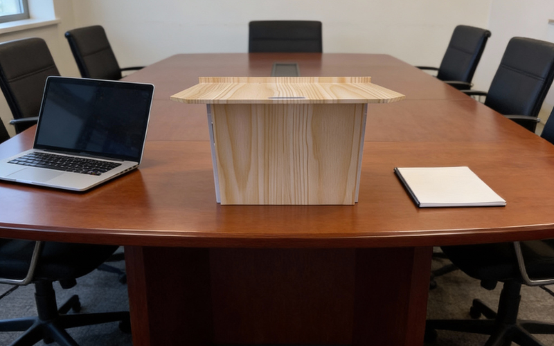 Go-Anywhere Folding Lectern on a conference room table – professional portable presentation stand for corporate meetings
