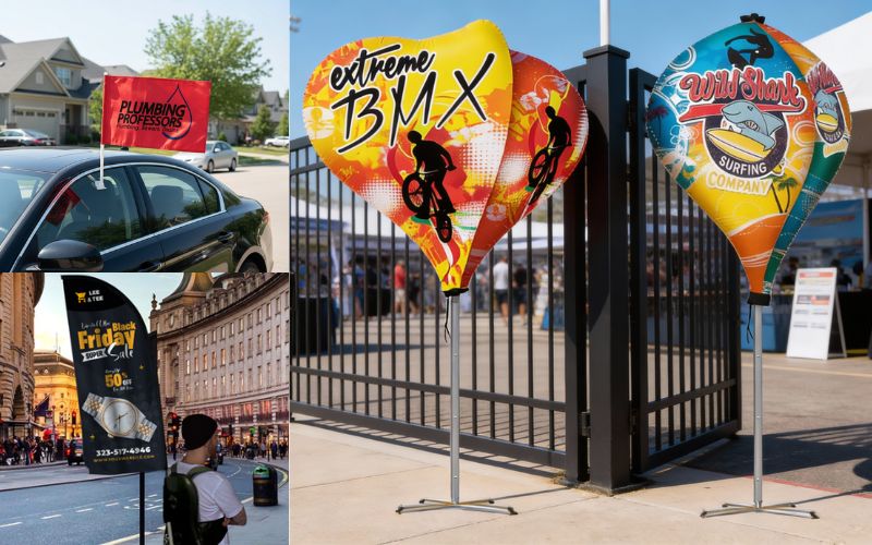 Mobile advertising displays including car flags, backpack banner stands, and inflatable flag displays