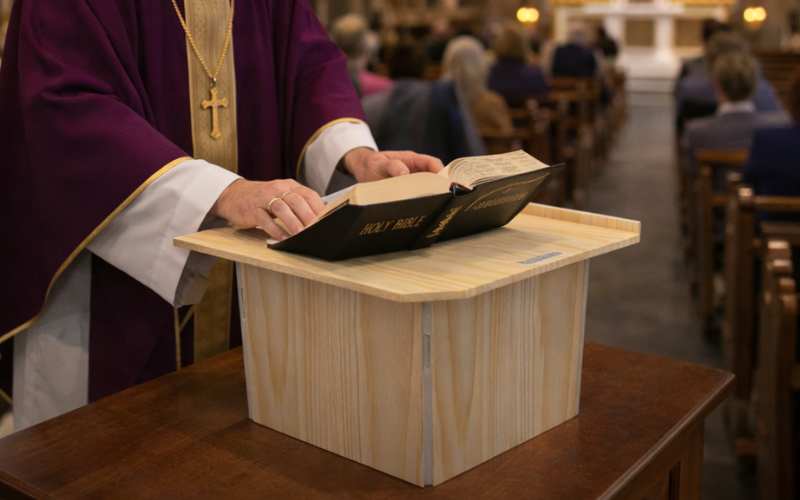 Portable folding lectern used as a church pulpit for sermon and Bible reading – Go-Anywhere Lectern by Above All Advertising