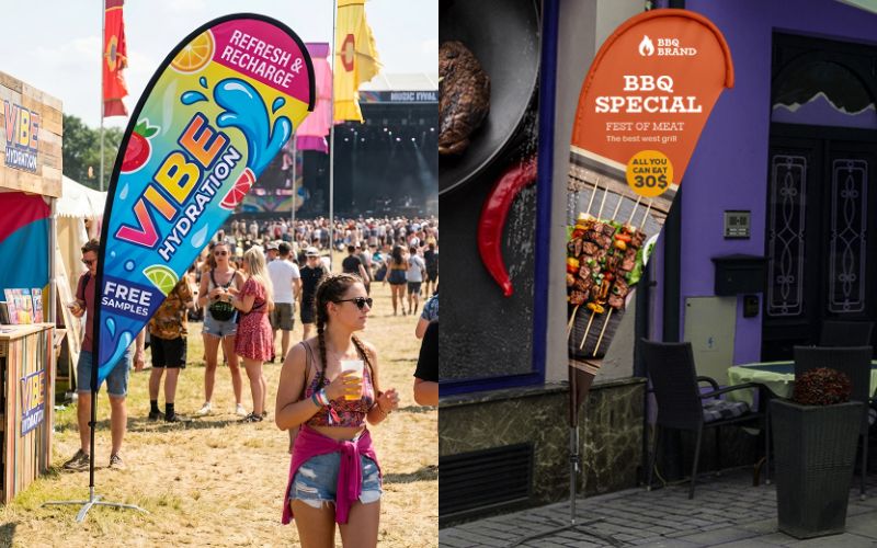 Custom promotional feather flags and bullet flags used at outdoor events and storefronts